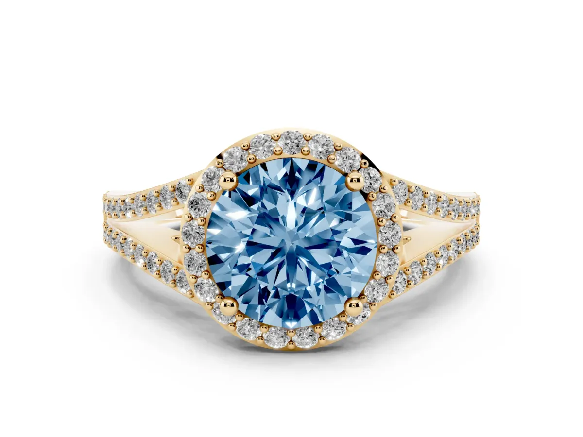 Fancy Blue Round Cut Diamond Halo Split Shank Ring Set in Yellow gold with Accent Stones and Prong Setting