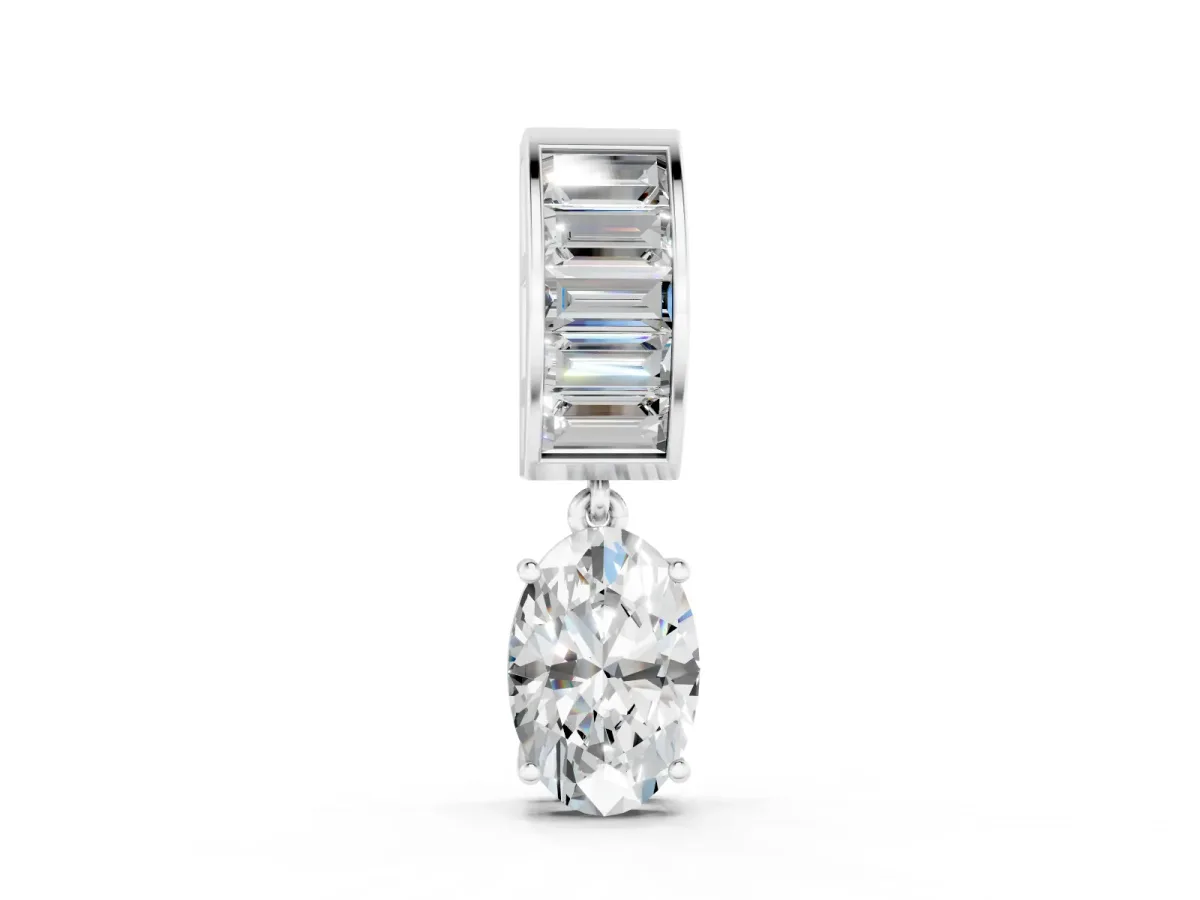 Oval and Baguette Diamond Drop Pendant Set in Silver with Baguette-Accented Bail