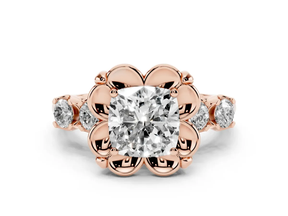 Cushion Cut Diamond Floral Halo Ring Set in Rose gold with Shared Prong Band