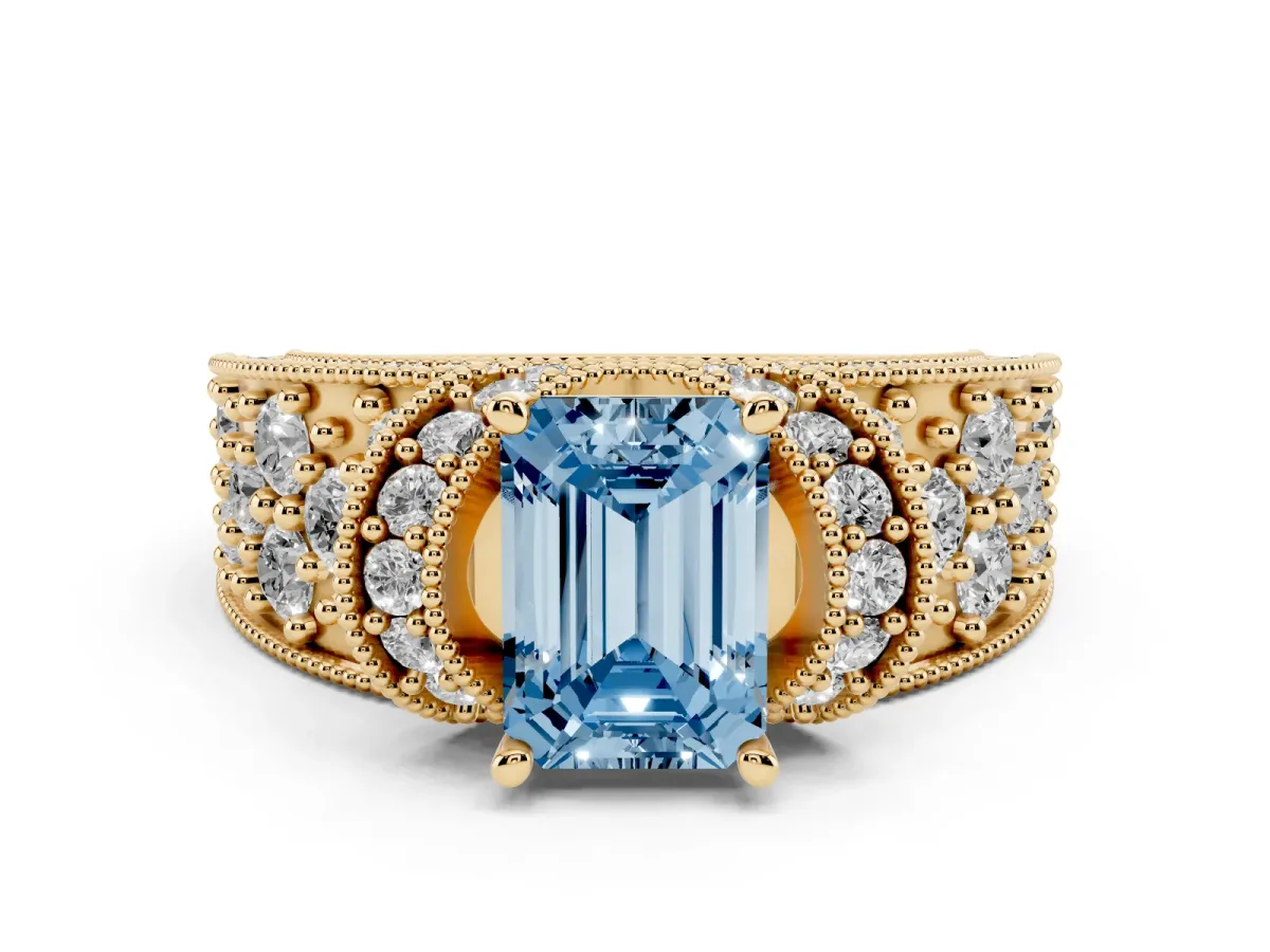 Fancy Blue Emerald Cut Diamond Milgrain Halo Pavé Engagement Ring Set in Yellow gold with Prong Setting