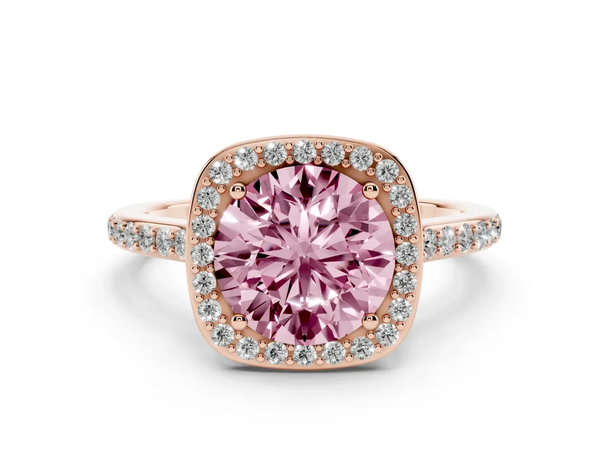 Fancy Pink Round Cut Diamond Halo Engagement Ring Set in Rose gold with Round Pavé Shoulders and Heart Gallery
