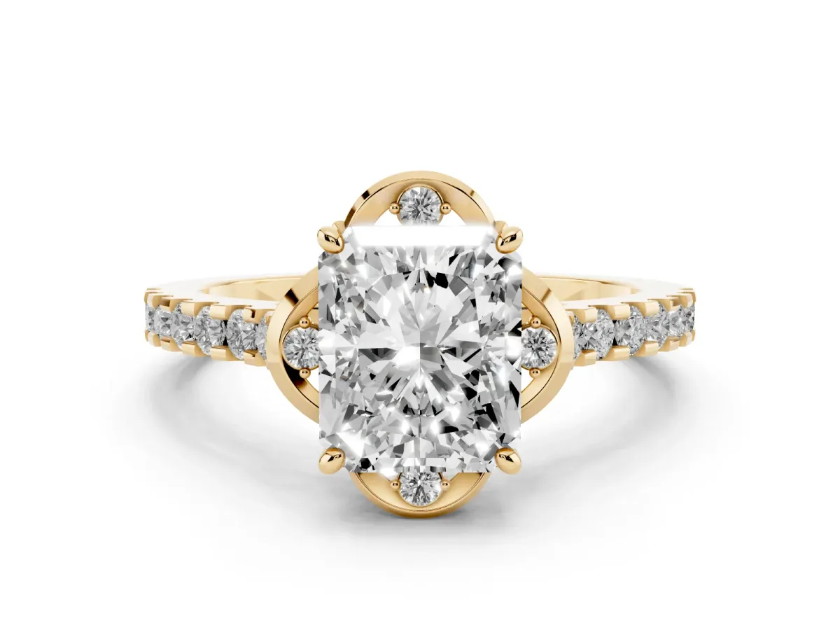 Radiant Cut Diamond Solitaire Ring Set in Yellow gold with Pavé Band and Floral Prong Setting