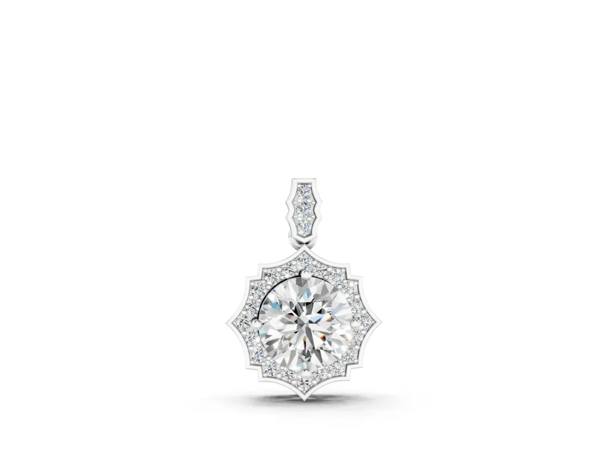Round Diamond Halo Pendant Set in White gold with Milgrain Prong Setting