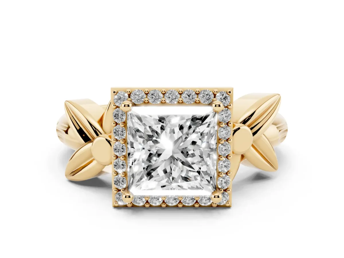 Princess Cut Diamond Halo Floral Band Ring Set in Yellow gold with Prong Setting