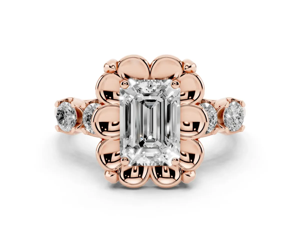 Emerald Cut Diamond Floral Halo Ring Set in Rose gold with Shared Prong Band