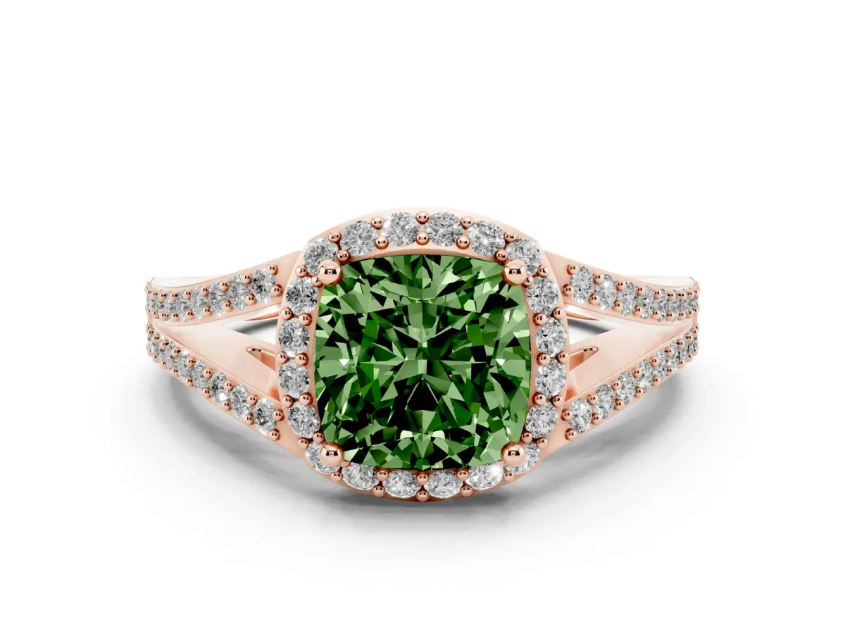 Fancy Green Cushion Cut Diamond Halo Split Shank Pavé Ring Set in Rose gold with Prong Setting