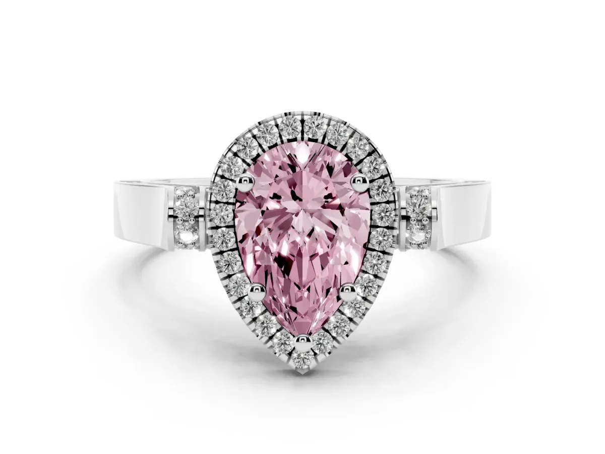Fancy Pink Pear Cut Diamond Halo Ring Set in Silver with Pavé-Lined Split Shank Band