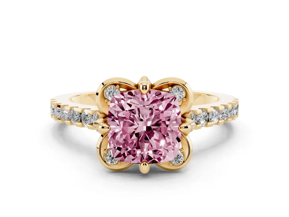 Fancy Pink Cushion Cut Diamond Solitaire Ring Set in Yellow gold with Pavé Band and Floral Prong Setting