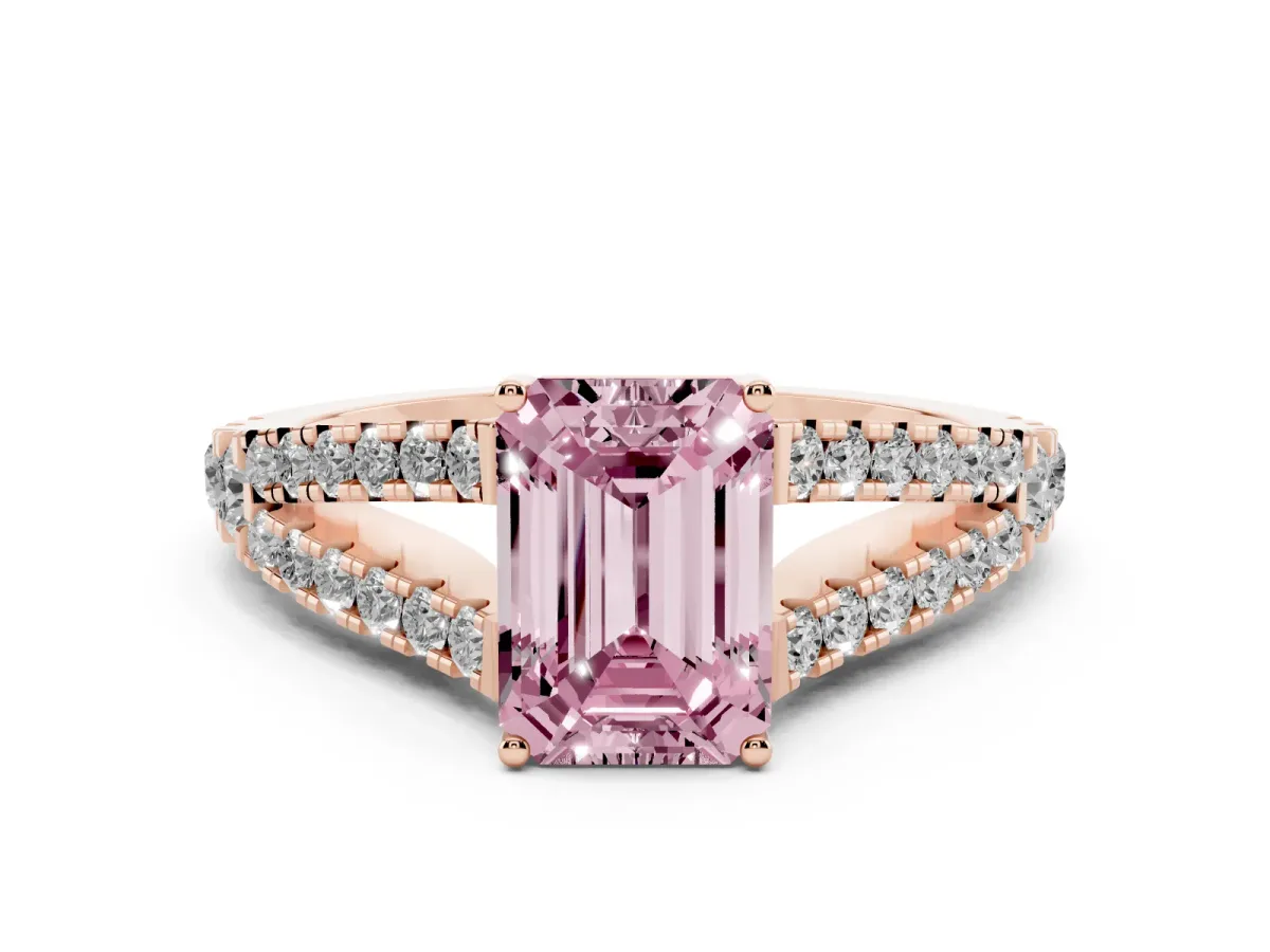 Fancy Pink Emerald Cut Diamond Split Shank Pavé Engagement Ring Set in Rose gold with Prong-Held Center Stone