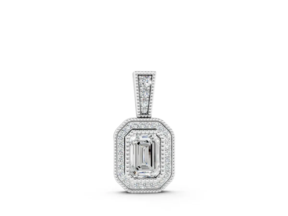 Emerald Cut Halo Diamond Pendant Set in White gold with Pavé Halo