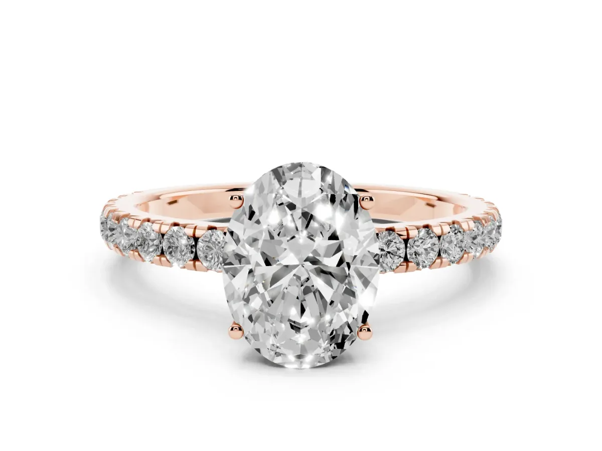 Oval Cut Diamond Pavé Solitaire Engagement Ring Set in Rose gold with Prong Setting