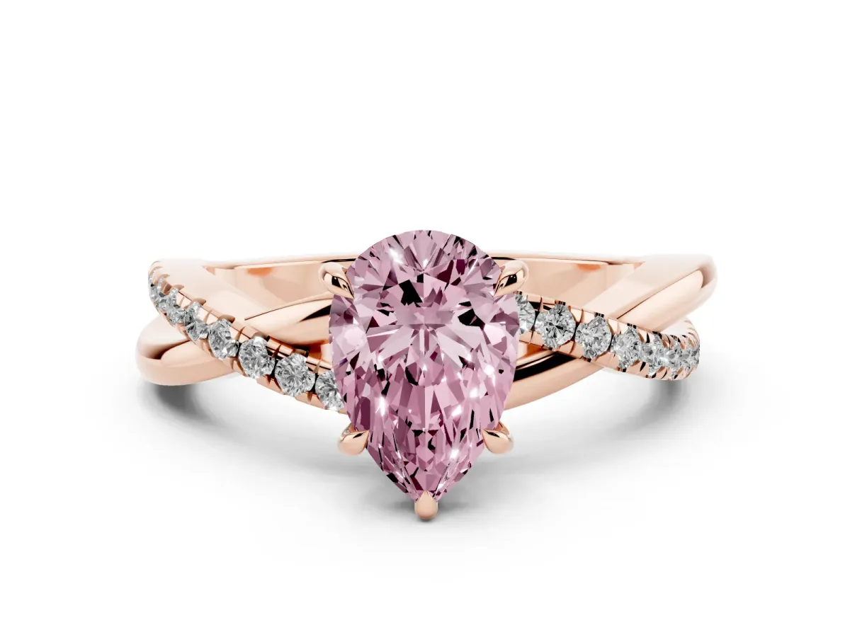 Fancy Pink Pear Cut Diamond Twisted Pavé Band Ring Set in Rose gold with Prong Setting