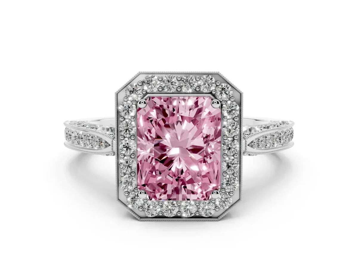 Fancy Pink Radiant Cut Diamond Halo Engagement Ring Set in Silver with Accent Split Shank Band