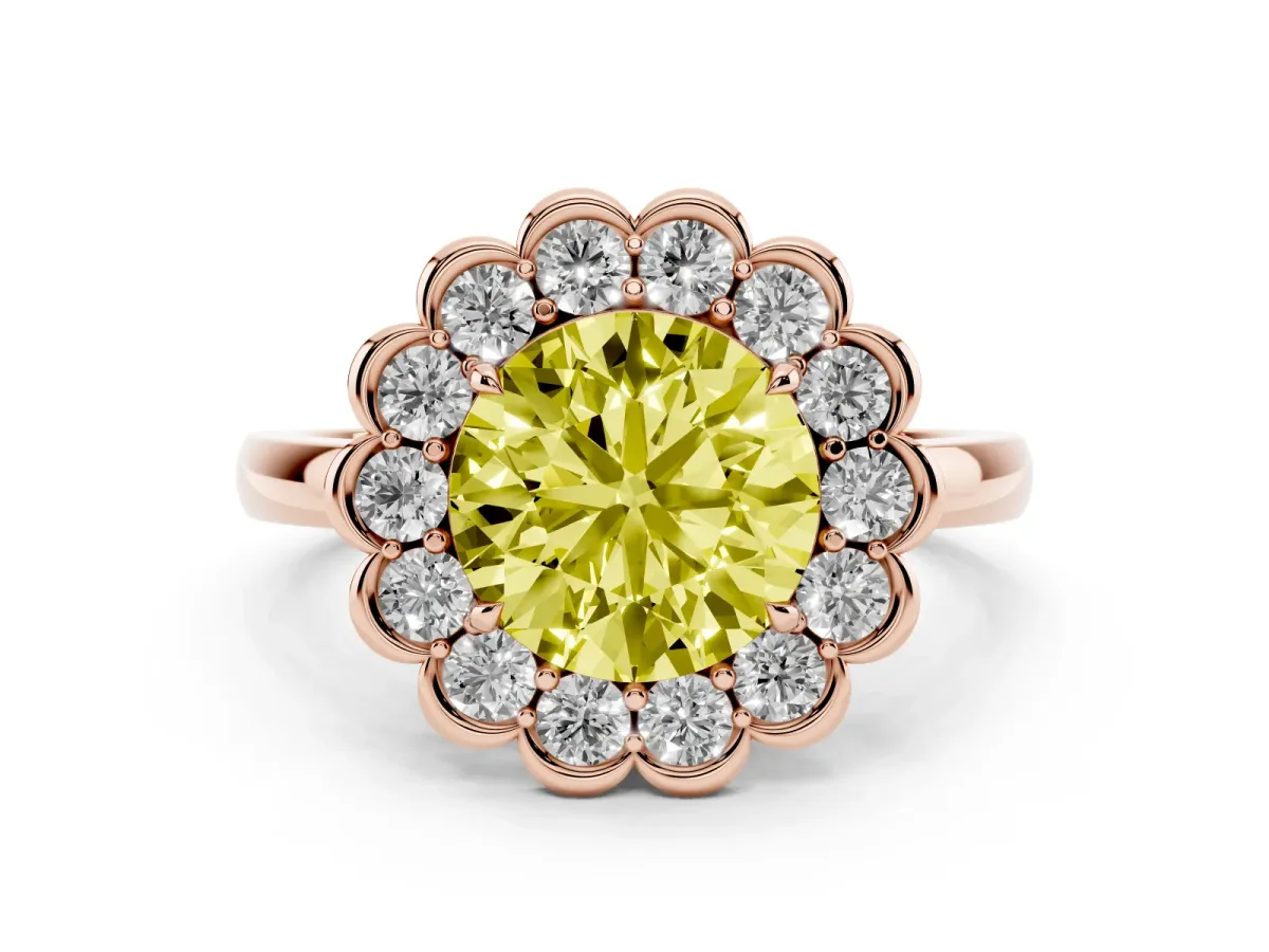 Fancy Yellow Round Cut Diamond Halo Cluster Engagement Ring Set in Rose gold with Solitaire Band and Prong Setting
