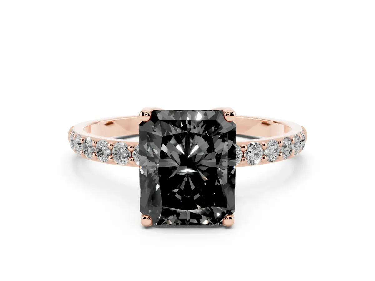 Fancy Black Radiant Cut Diamond Solitaire Engagement Ring Set in Rose gold with Round Pavé Band and Prong Setting