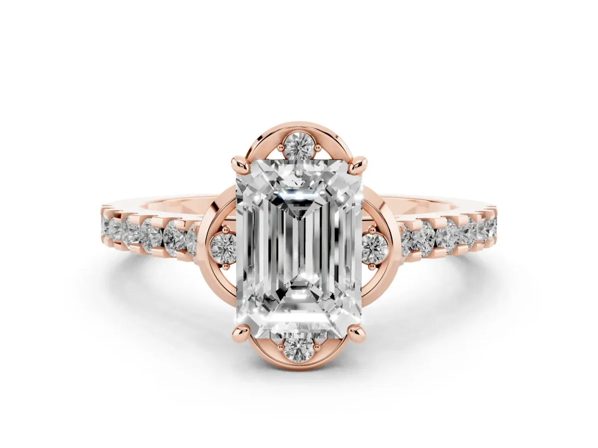 Emerald Cut Diamond Solitaire Ring Set in Rose gold with Pavé Band and Floral Prong Setting