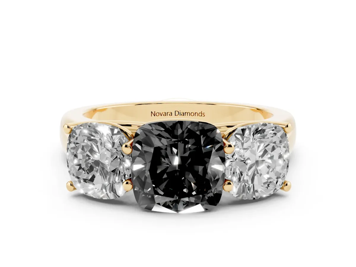 Fancy Black Cushion Cut Diamond Three-Stone Ring Set in Yellow gold with Plain Polished Band