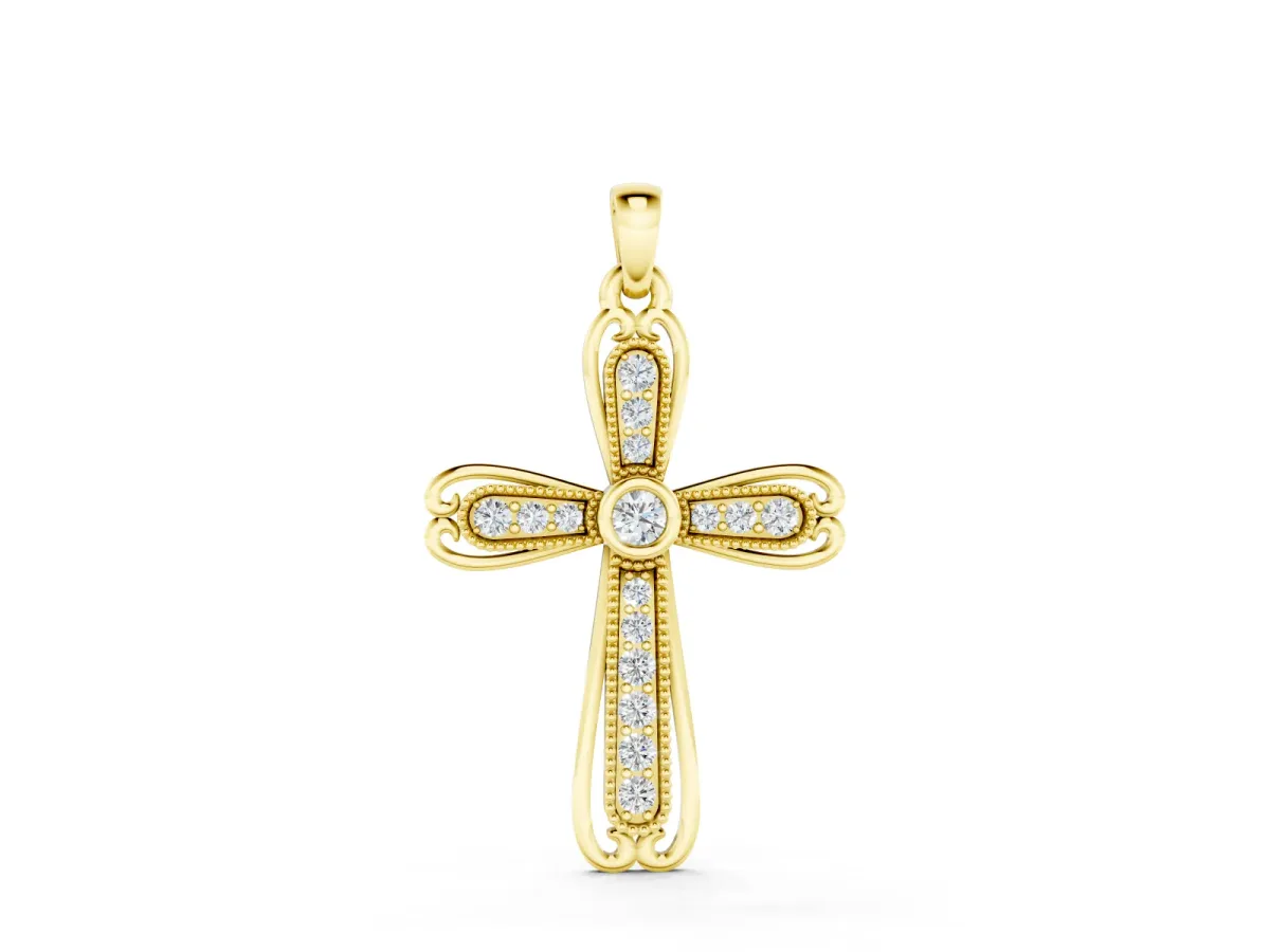 Pavé Round Diamond Cross Pendant Set in Yellow gold with Bezel Outline