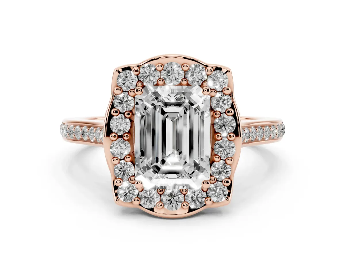 Emerald Cut Diamond Halo Ring Set in Rose gold with Pavé-Lined Shoulders and Prong Setting
