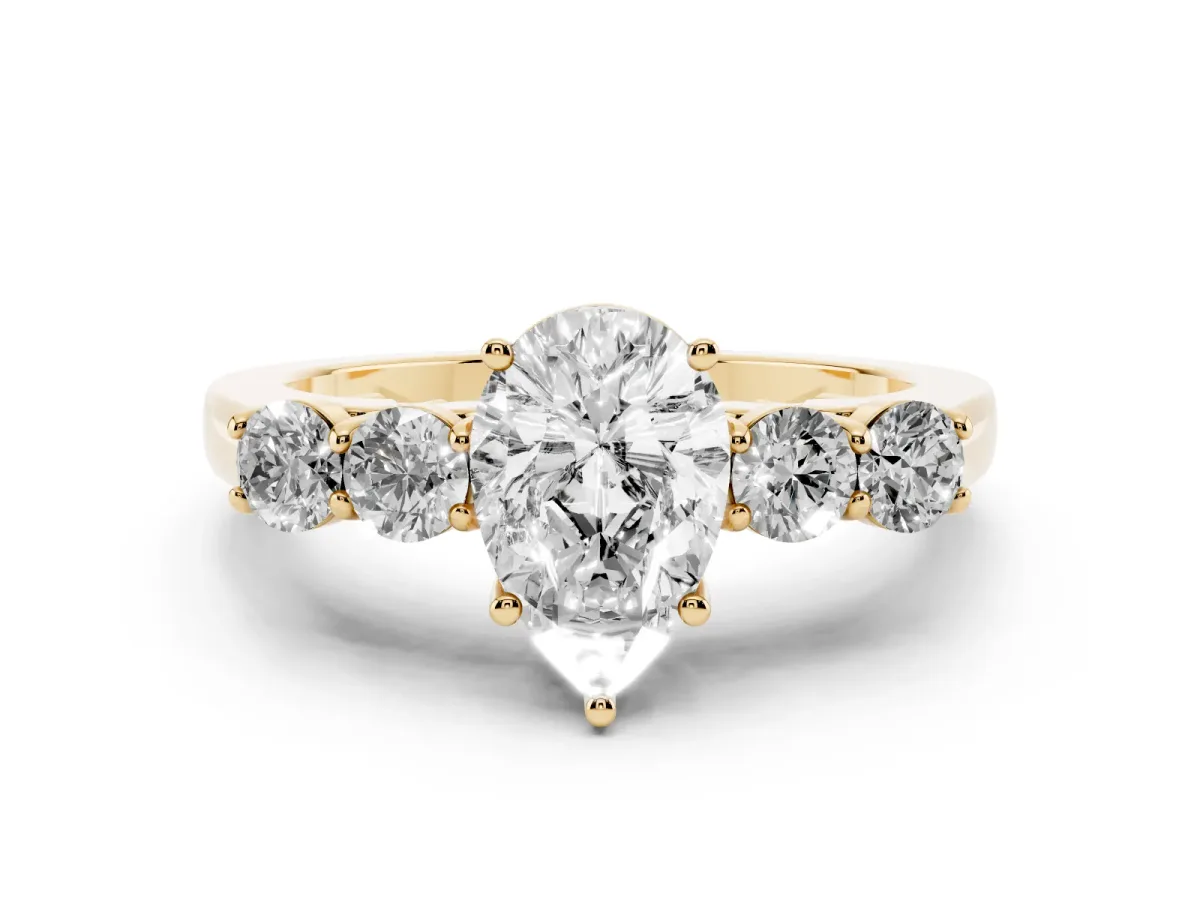 Pear Cut Diamond Five-Stone Prong Set Band Ring Set in Yellow gold with Polished Band