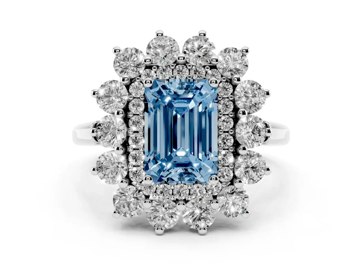 Fancy Blue Emerald Cut Diamond Floral Double Halo Ring Set in Platinum with Round Petals