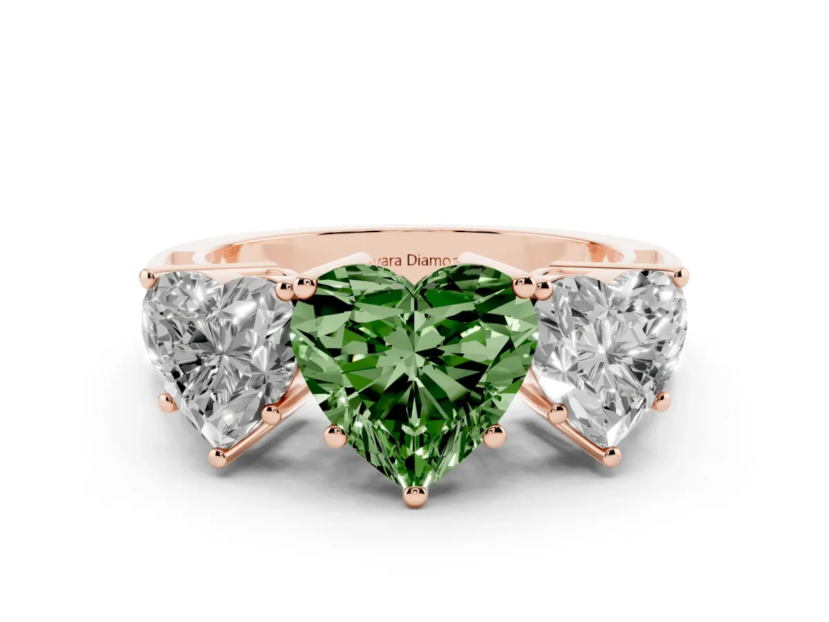 Fancy Green Heart Cut Diamond Three-Stone Ring Set in Rose gold with Textured Band