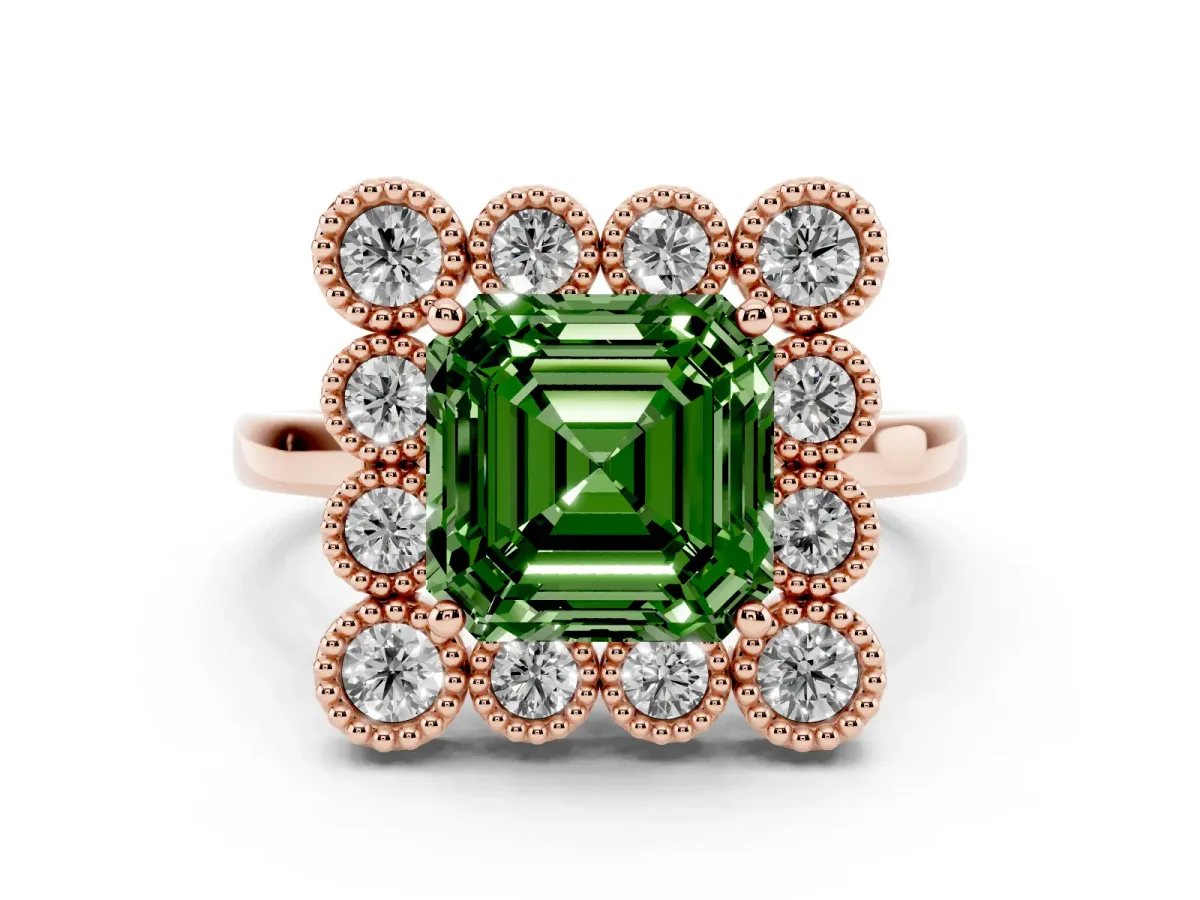 Fancy Green Asscher Cut Diamond Cluster Halo Ring Set in Rose gold with Milgrain Bezel Accents and Plain Band