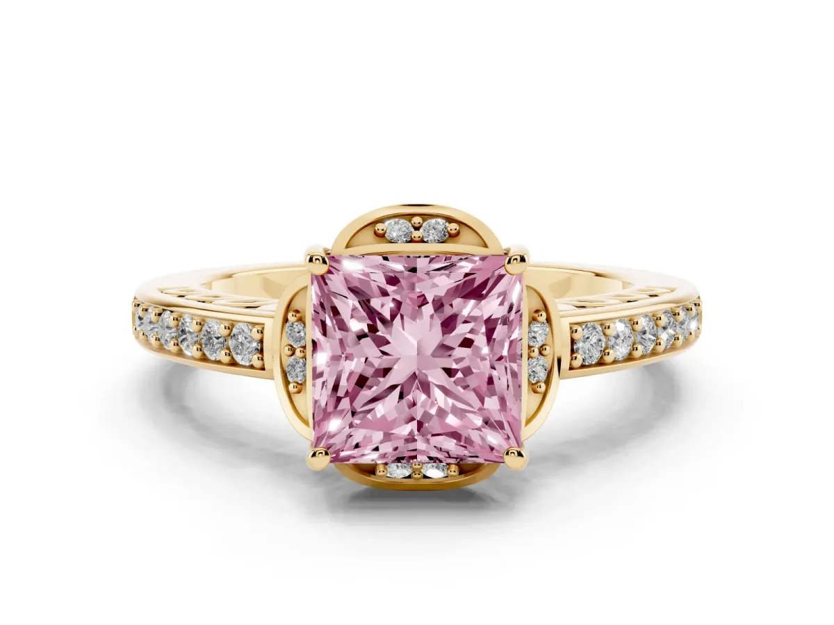 Fancy Pink Princess Cut Diamond Halo Ring Set in Yellow gold with Channel Set Band and Prong Setting