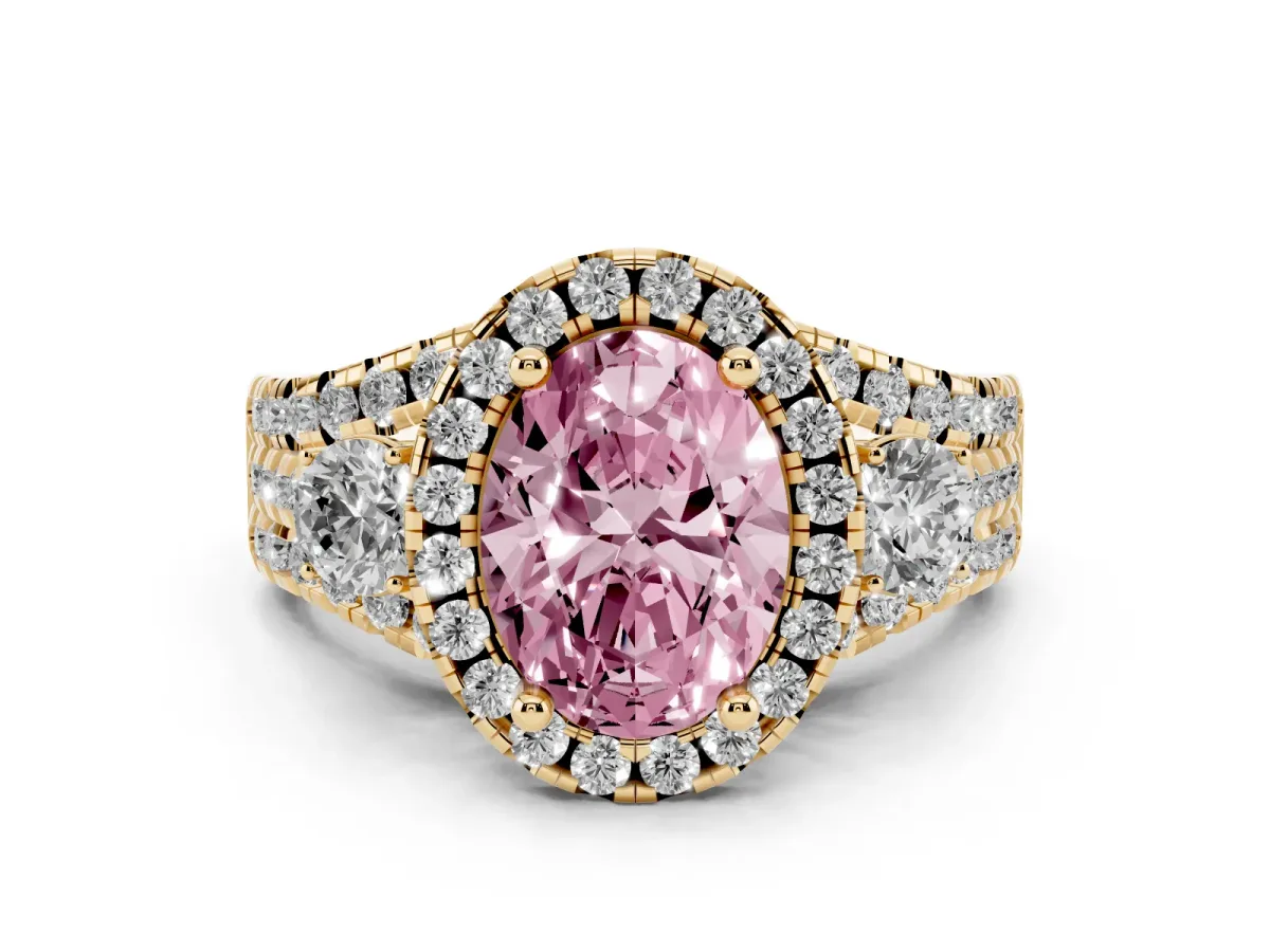 Fancy Pink Oval Cut Diamond Halo Split Shank Ring Set in Yellow gold with Round Accent Stones and Prong Setting