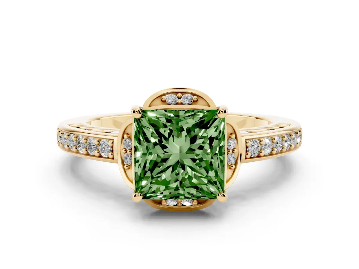 Fancy Green Princess Cut Diamond Halo Ring Set in Yellow gold with Channel Set Band and Prong Setting