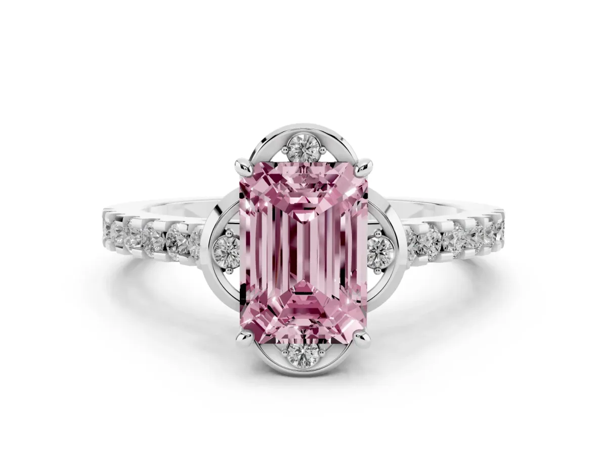 Fancy Pink Emerald Cut Diamond Solitaire Ring Set in Silver with Pavé Band and Floral Prong Setting