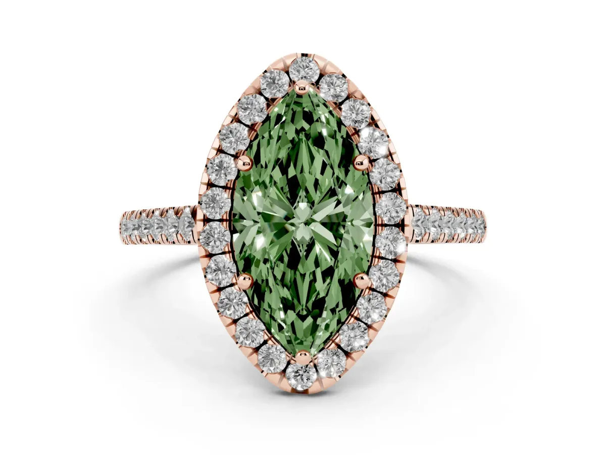 Fancy Green Marquise Cut Diamond Halo Pavé Engagement Ring Set in Rose gold with Prong Setting