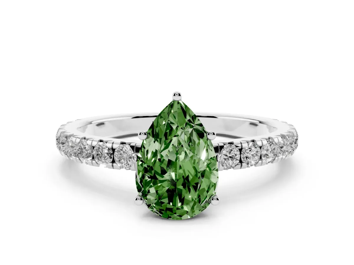 Fancy Green Pear Cut Diamond Pavé Solitaire Engagement Ring Set in White gold with Prong Setting