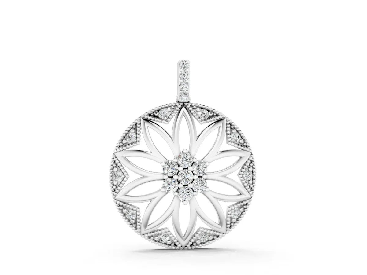 Round Diamond Cluster Flower Pendant Set in White gold with Openwork Petals