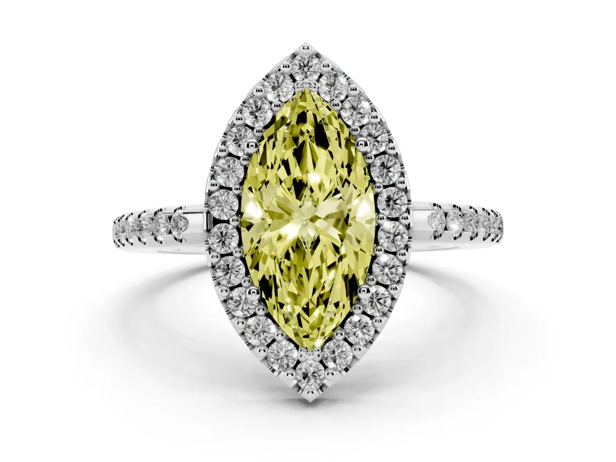 Fancy Yellow Marquise Cut Diamond Pavé Halo Ring Set in Platinum with Prong Setting