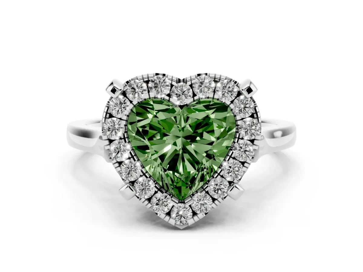 Fancy Green Heart Cut Diamond Cluster Halo Solitaire Ring Set in Silver with Prong Setting