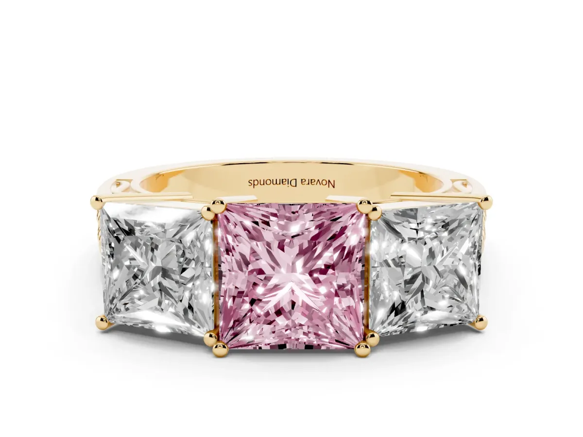 Fancy Pink Princess Cut Diamond Three-Stone Ring Set in Yellow gold with Textured Band