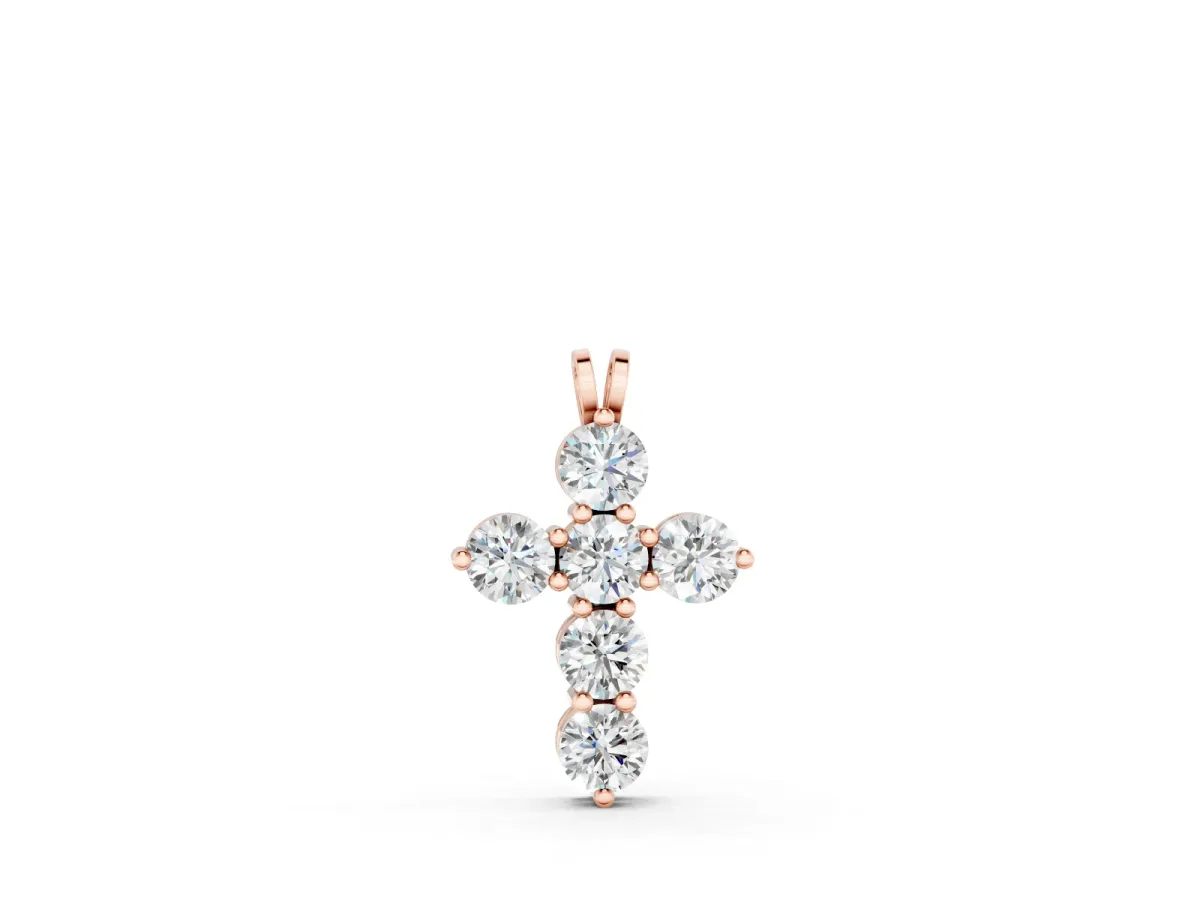 Round Diamond Cross Pendant Set in Rose gold with Prong-Set Traditional Arms