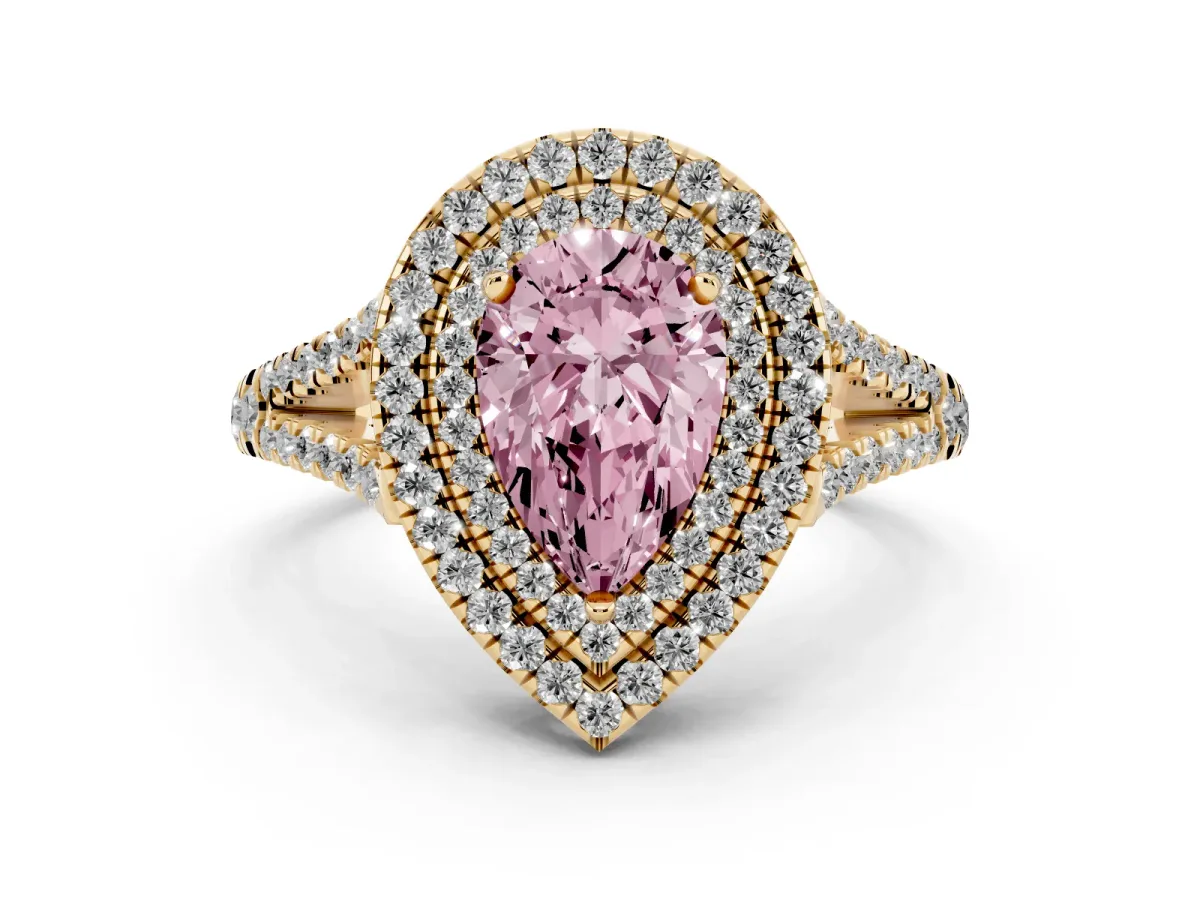 Fancy Pink Pear Cut Diamond Double Halo Ring Set in Yellow gold with Pavé Band