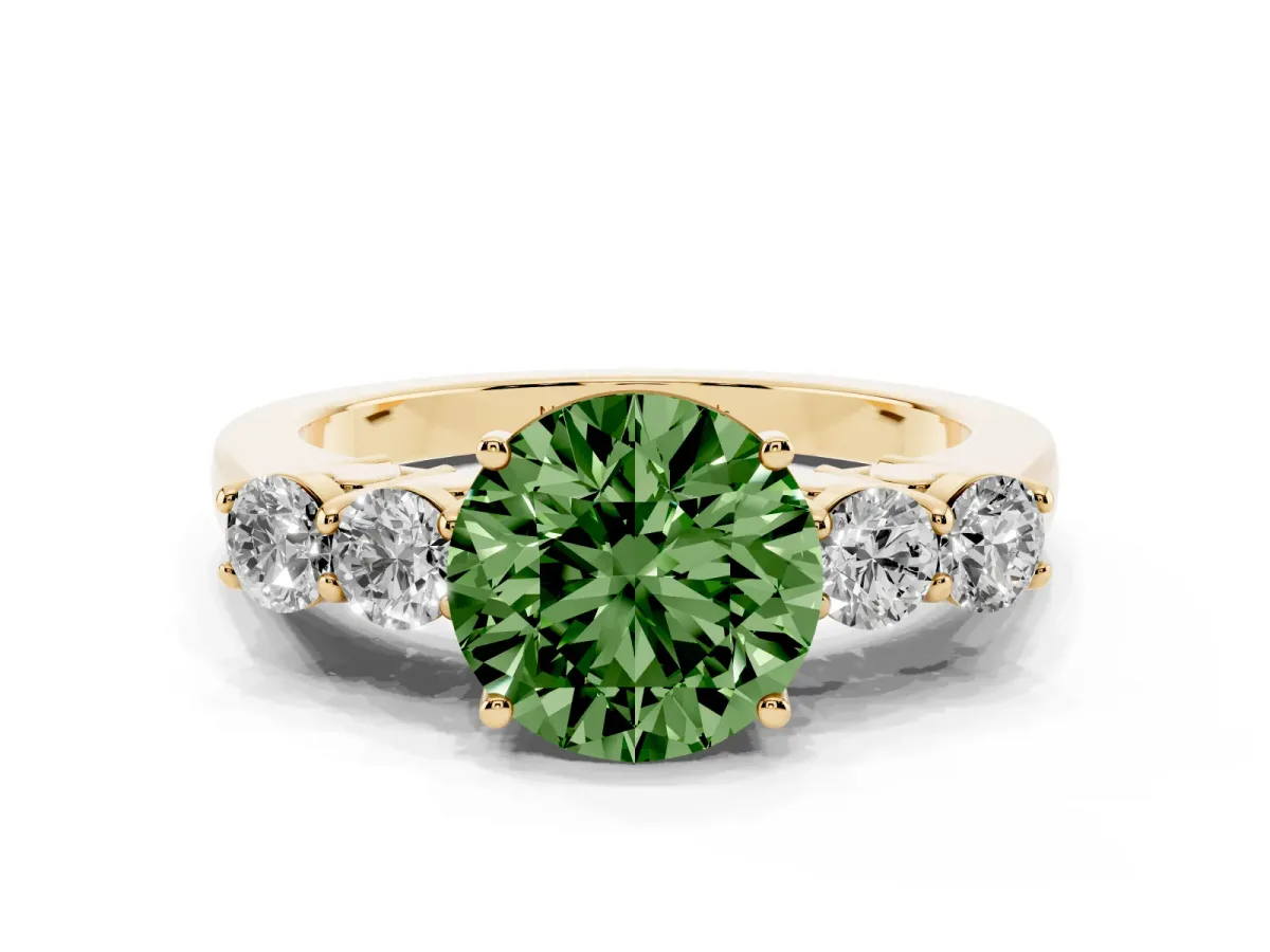 Fancy Green Round Cut Diamond Five-Stone Prong Set Band Ring Set in Yellow gold with Polished Band