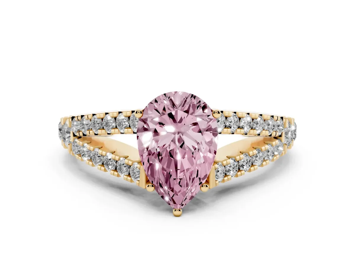 Fancy Pink Pear Cut Diamond Split Shank Pavé Engagement Ring Set in Yellow gold with Prong-Held Center Stone