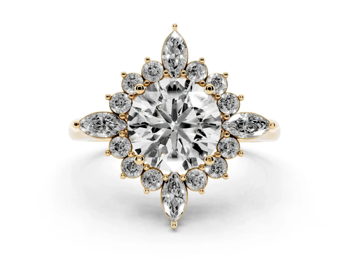 Round Cut Diamond Cluster Halo Ring Set in Yellow gold with Marquise and Round Accents