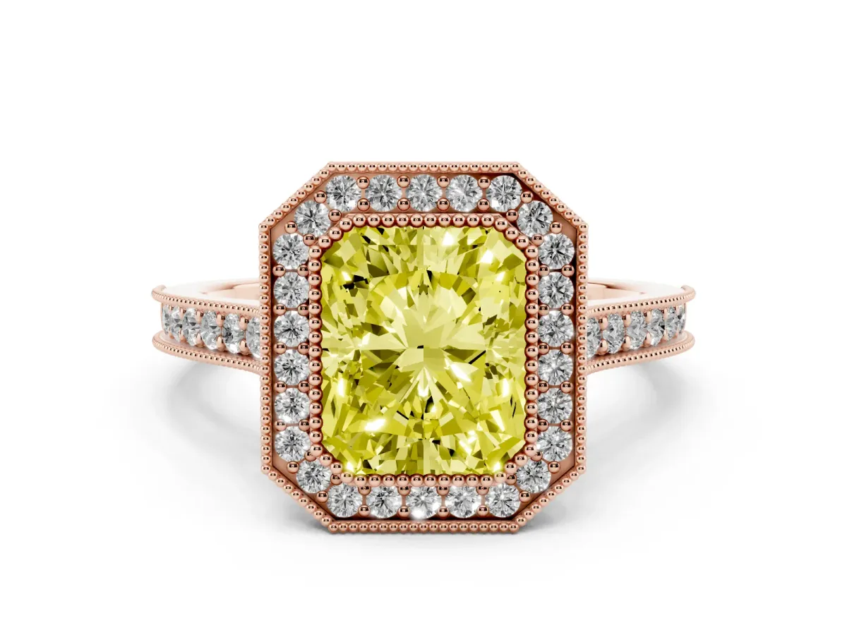 Fancy Yellow Radiant Cut Diamond Halo Milgrain Pavé Band Ring Set in Rose gold with Prong Setting