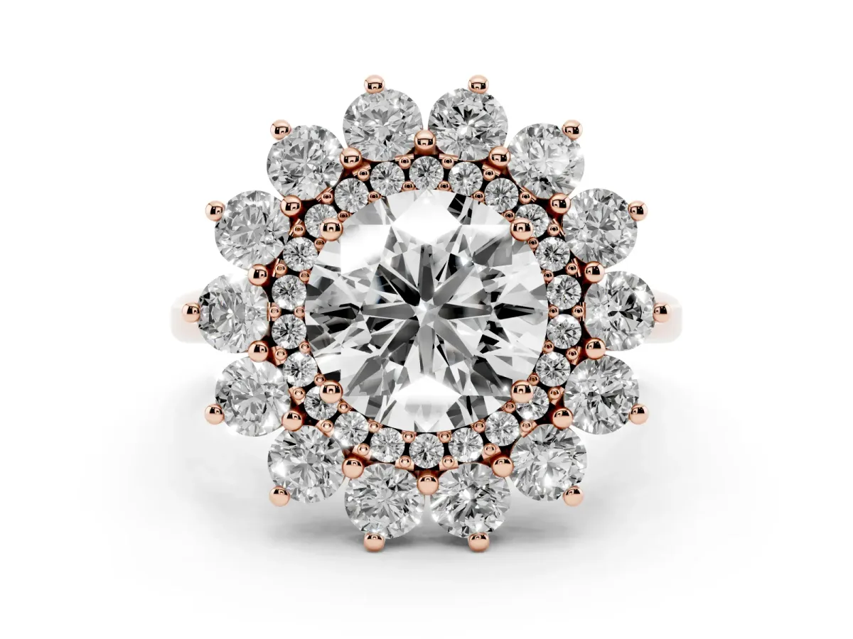 Round Cut Diamond Floral Double Halo Ring Set in Rose gold with Round Petals