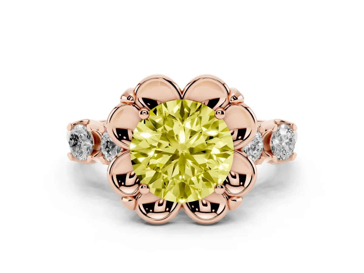 Fancy Yellow Round Cut Diamond Floral Halo Ring Set in Rose gold with Shared Prong Band