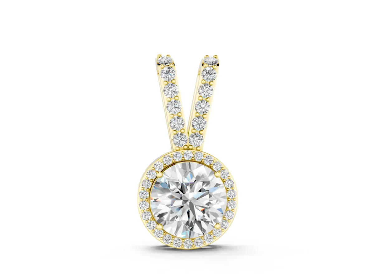 Round Halo Diamond Pendant Set in Yellow gold with Prong-Set Center and Halo
