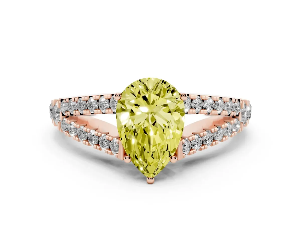 Fancy Yellow Pear Cut Diamond Split Shank Pavé Engagement Ring Set in Rose gold with Prong-Held Center Stone