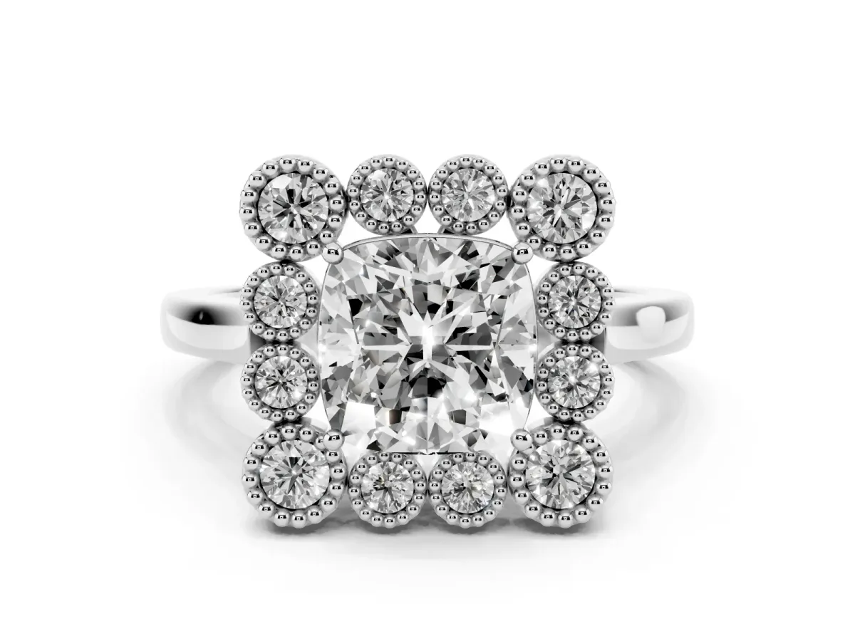 Cushion Cut Diamond Cluster Halo Ring Set in Platinum with Milgrain Bezel Accents and Plain Band