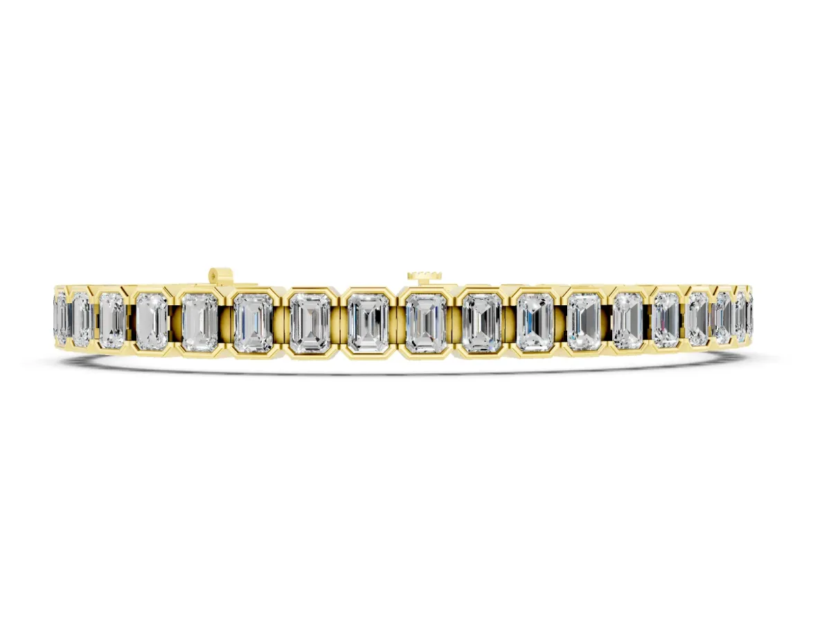 Emerald Cut Diamond Tennis Bracelet Set in Yellow gold with Half Bezel Setting