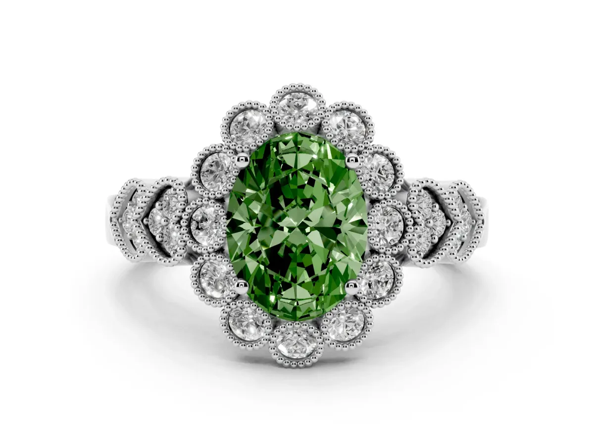 Fancy Green Oval Cut Diamond Solitaire Ring Set in White gold with Milgrain Pavé Heart Band